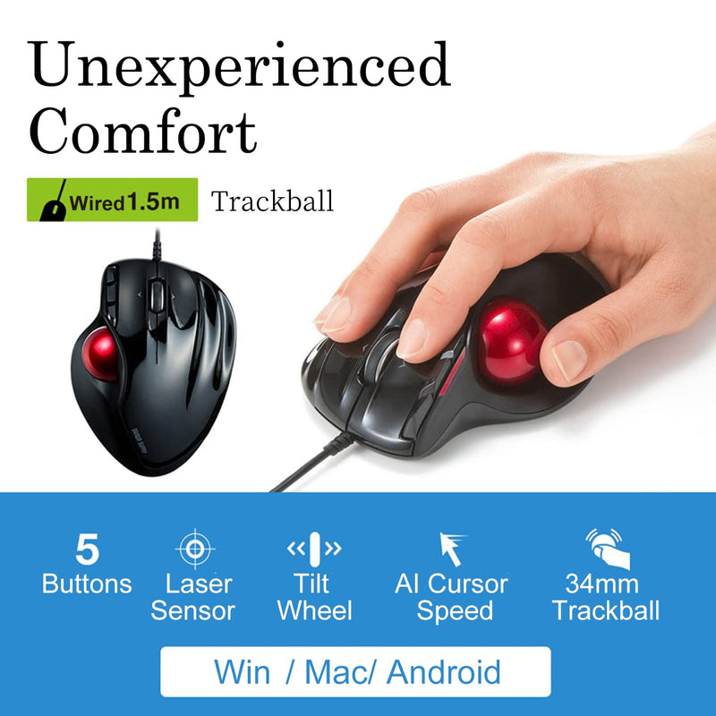 SANWA Wired Ergonomic Trackball Mouse, Computer Rollerball Mice, Laser Sensor, 34mm Trackball, 400/800/1200/1600 Adjustable DPI, 5 Buttons, Compatible with MacBook, Laptop, Windows, macOS, Chrome OS