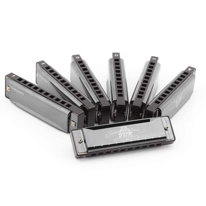 [AUSTRALIA] - JDR Harmonica Set of 7 Key of C D E F G A Bb 10 Holes 20 Tones Blues Harp Diatonic Mouth Organ armonica with EVA Protective Case for Adults Kids Beginner Professional Intermediate Student Gift Black C D E F G A and Bb 