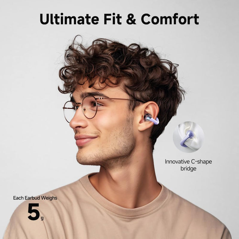 QCY Crossky C30 Open Ear Headphones Wireless Bluetooth, Clip-On Earbuds with 4 ENC Noise Cancelling Mic, Stable Fit, Dual Connection, EQ Customized, Sports Earphones for Workout/Running Purple