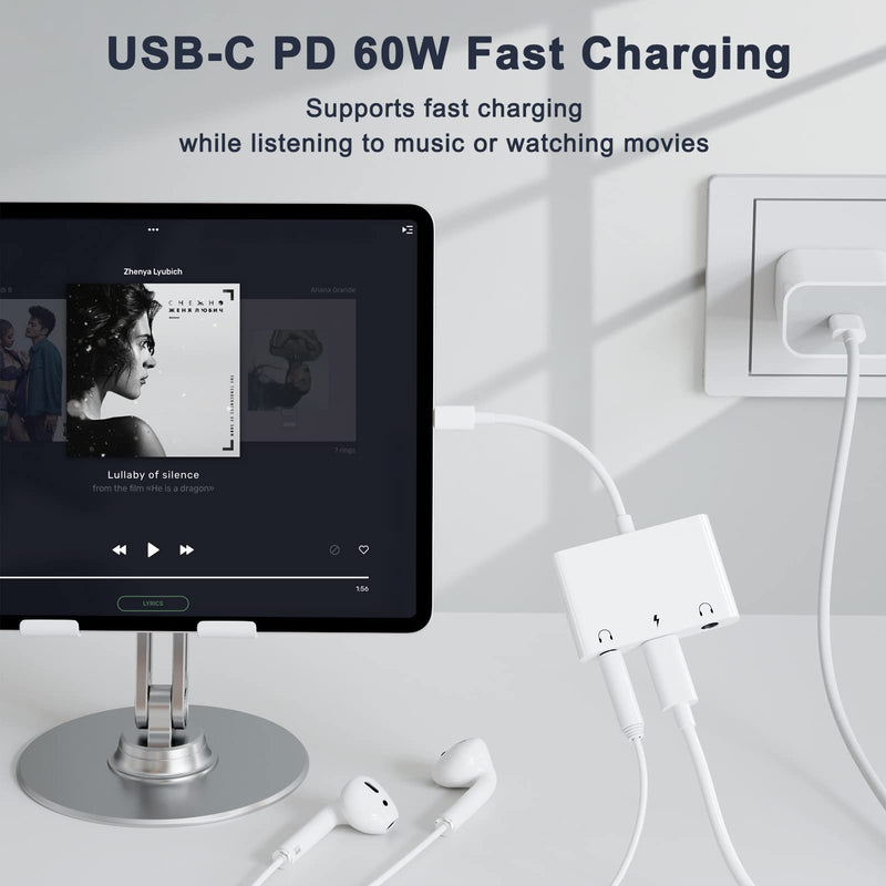 [AUSTRALIA] - USB C to 3.5mm Audio Adapter, 3 in 1 Aux to USB C Headphone Splitter Dual 3.5mm Audio Jack and PD 60W Fast Charging, Compatible for iPad Pro,Galaxy S22 S21/Note 20,Pixel 4 3 XL,Huawei,etc White 