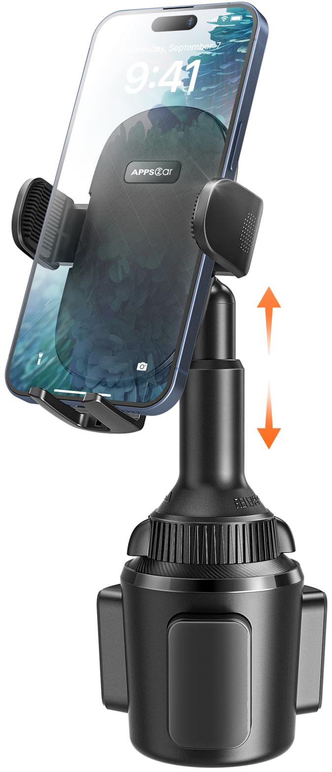 APPS2Car Universal Car Cup Phone Holder | Quick Extension Long Arm | 360° Swivel | Adjustable for iPhone, Samsung, Google, and All Smartphones | Stable & No Shake Design Black