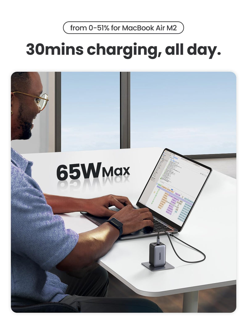 UGREEN 65W USB C Charger, Nexode 3 Ports GaN Fast Charger Block, Compact Foldable Wall Charger for MacBook Pro/Air, iPhone 15 Pro Max/14/13, iPad Pro, Galaxy S24/S23, Pixel 8, Steam Deck (Black) Black