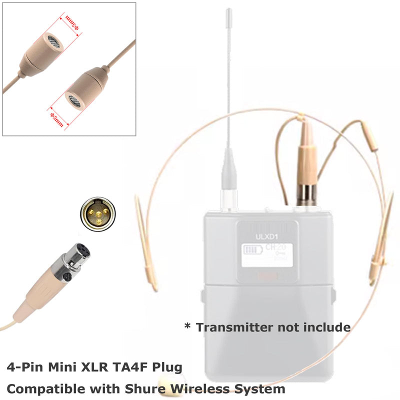 [AUSTRALIA] - Headset Microphone Headworn Double Over Ear Earset Hanging Condenser Omnidirectional Mic Compatible with Shure Wireless Bodypack Transmitter System with Mini XLR 4 Pin TA4F Plug Mini XLR TA4F Plug Compatible with Shure Only 