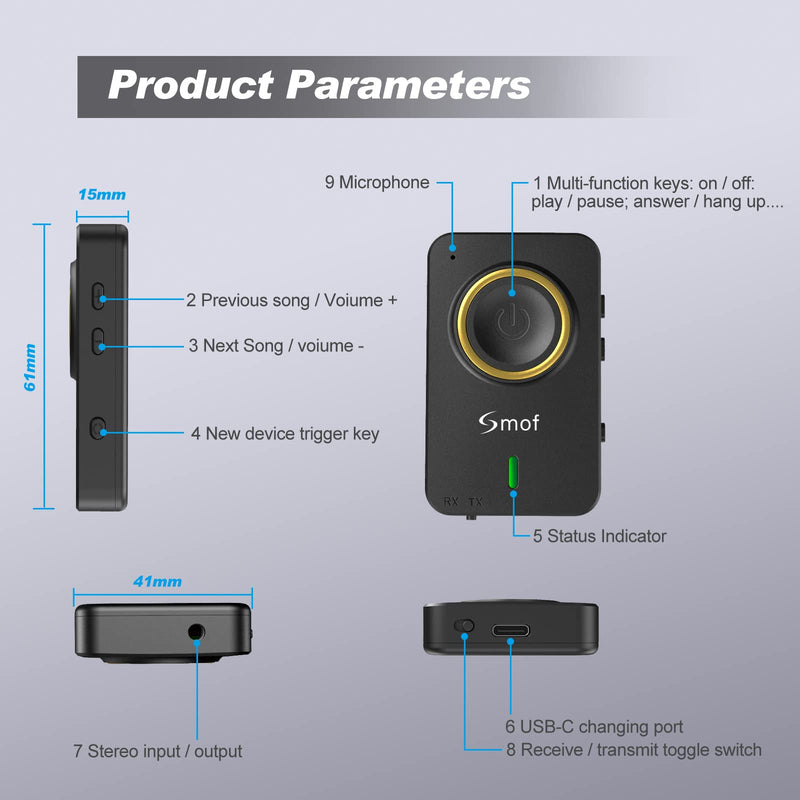 [AUSTRALIA] - Smof Bluetooth Transmitter for TV, Bluetooth Receiver for Car Speaker, 2-in-1 Wireless 3.5mm Bluetooth Aux Adapter with Built-in Mic and Battery, Dual Link, aptX Low Latency (Black) 