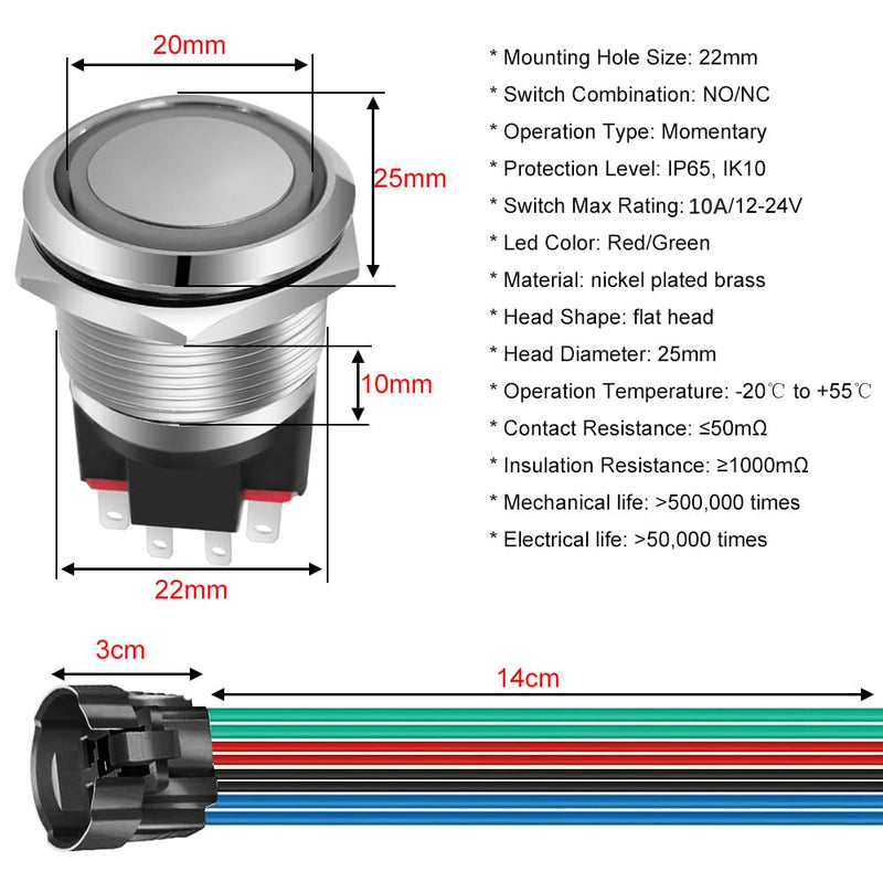 GUUZI 12V-24V/10A Momentary Push Button NO/NC, Waterproof, Green/Red LED Light, Illuminated, 22 mm Power Start Metal Push Button with Socket Plug Green/red 22 mm momentary switch
