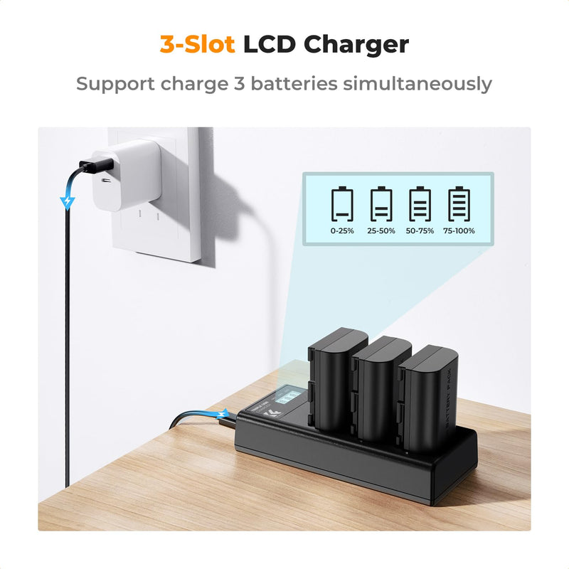 K&F Concept 3-Pack LP-E6NH Battery and Triple Slot Charger for Canon EOS R5, R6, R, 6D Mark II, 5D Mark IV, 5D Mark III, 5DS, 5DS R, 5D Mark II, 80D, 90D, 6D, 7D, 7D Mark II, 2250mAh