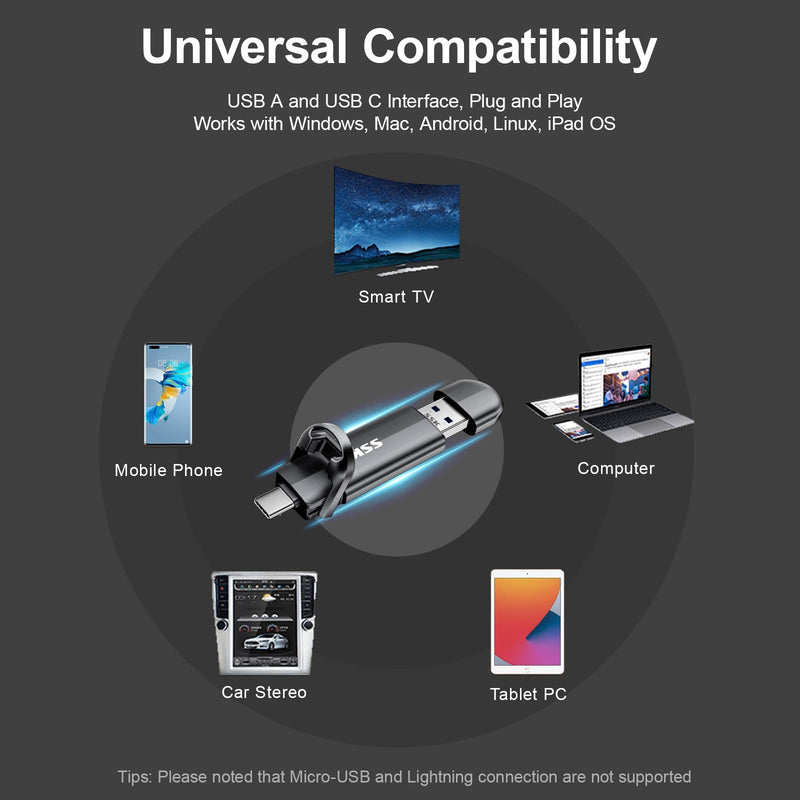 SSK 256GB External SSD Drive up to 550MB/s Dual USB C+A 3. 2 Thumb Drive | Support OTG Function,Fast Solid State SSD,USB A+C Dual Head,USB Memory Stick for iPhone 15/16/17/Android Phone,Metal