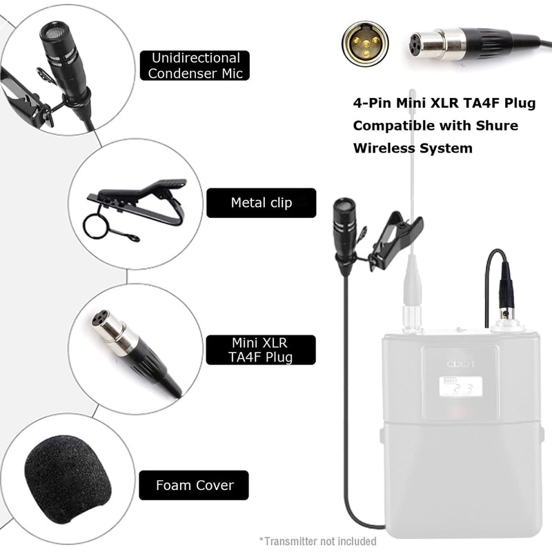 [AUSTRALIA] - Lavalier Lapel Microphone Unidirectional Condenser Super Cardioid Mic Compatible with Shure Wireless Bodypack Transmitter System with Mini XLR 4 Pin TA4F Plug Mini XLR TA4F Plug Compatible with Shure Only 