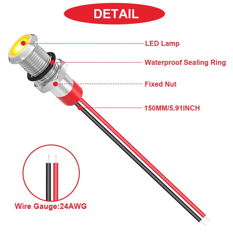 [AUSTRALIA] - 5Pcs 6mm DC 12-24V Red/Yellow/Blue/Green/White LED Metal Indicator Light Waterproof Signal Lamp with 150mm Cable Length Metal LED Indicator Light and Wiring Cap for Car Interior Trucks Boats 