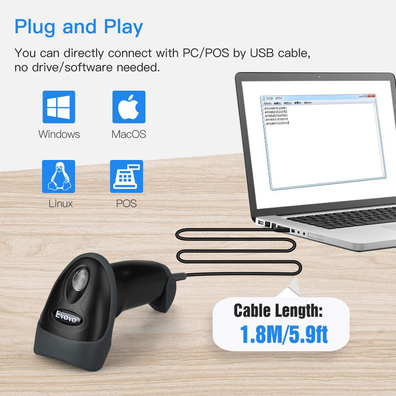 [AUSTRALIA] - Eyoyo EYH2 Handheld USB 2D Barcode Scanner, Wired Automatic QR Code Scanner PDF417 Data Matrix Bar Code Reader with Long USB Cable for POS Mobile Payment, Convenience Store, Supermarket, Warehouse Black 