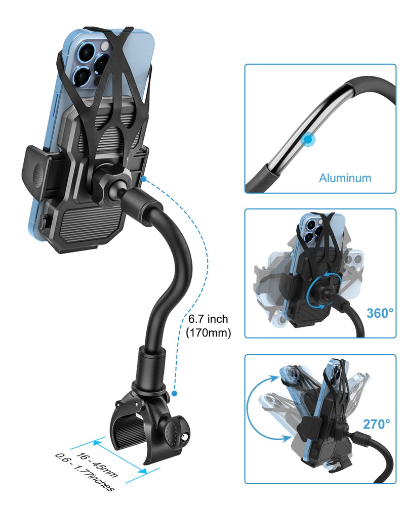 Gooseneck Stroller Phone Holder, Cell Phone Mount Pole Clamp for Baby Stroller, Shopping Cart, wheelchair, One Hand Operation Clip for iPhone Air 17 Pro Max 16 15 14 13 12 Plus, S25, 4-7" Smartphones