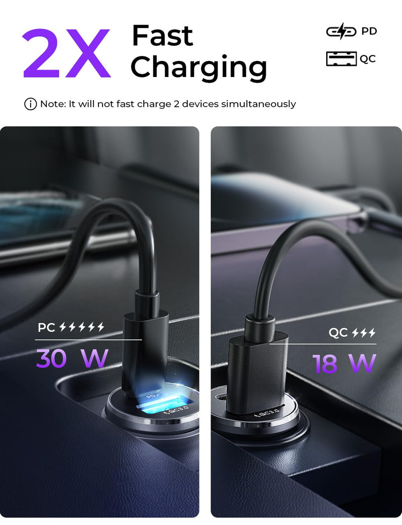LISEN 48W USB C Car Charger Adapter [2 Pack] [Mini & Metal] Cigarette Lighter USB Charger Fast Charging [PD QC 3.0] USBC Car Phone Charger for iPhone 17 Pro Max Plus 16 Galaxy iPad Silver Kits