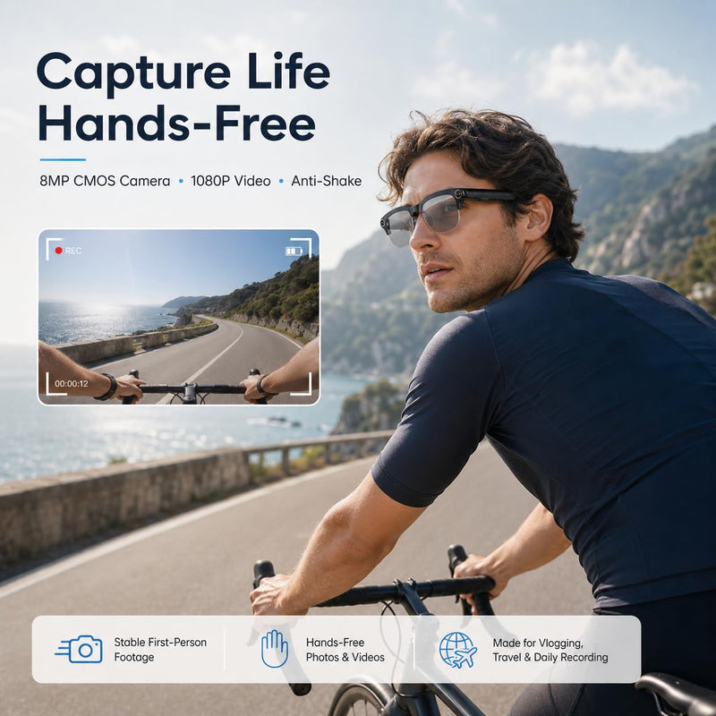 AI Smart Glasses with camera, Continuous AI Chat, 8MP Camera Glasses, 1080P Recording Glasses for Men Women,Hands-Free Music & Calls,Real-Time Translation,Ideal for Business Meetings,Travel,&Daily Use Photochromism