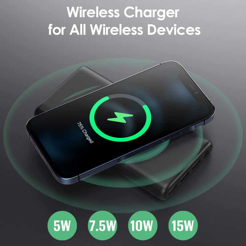Wireless Portable Charger Power Bank, 33800mAh 15W Fast Wireless Charging 25W PD QC 4.0 USB-C Power Bank, 5 Output & Dual Input External Battery Pack Compatible with iPhone 15/14/13/12/11,Android etc Black