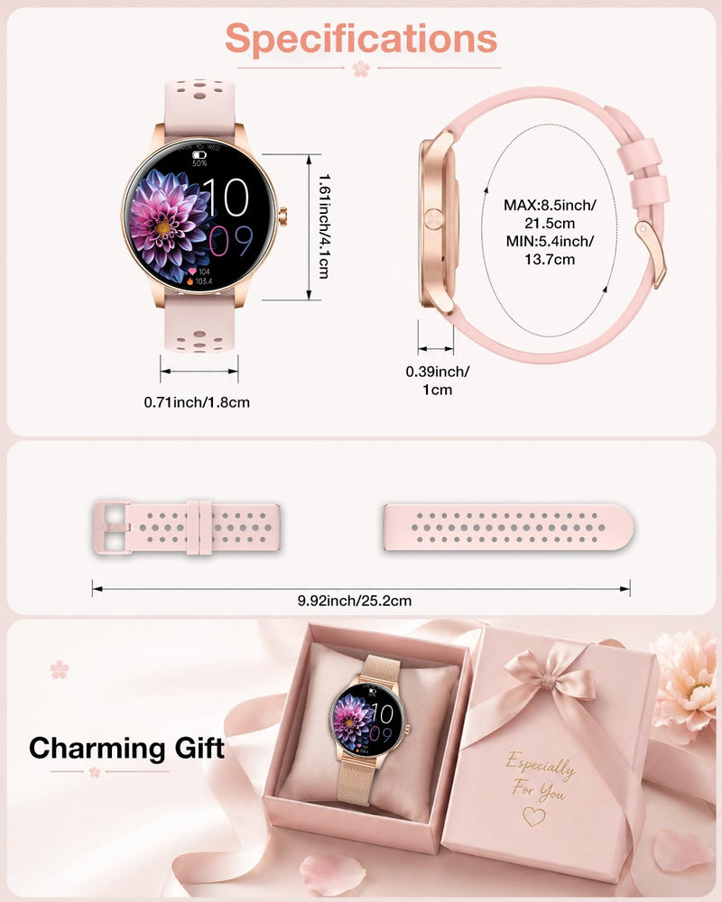 Smart Watch for Women, 1.27"Fitness Tracker with IP68, 4Bands, iOS/Android | Bluetooth Call & Answer, 130+ Sports Modes with Heart Rate/Sleep Monitor, Round Rose Gold Watch for Gift