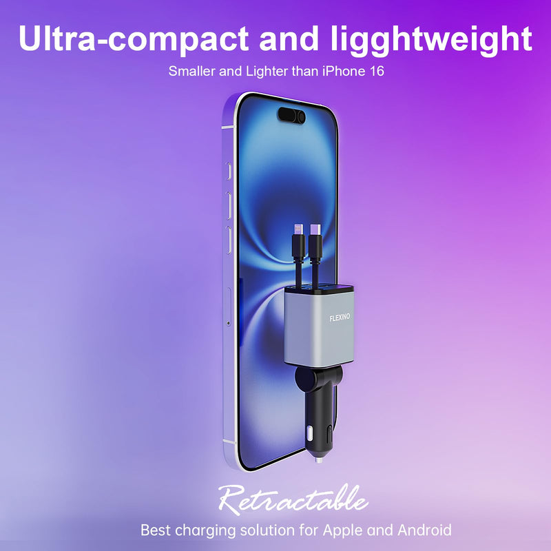 Flexino Retractable Car Charger, iPhone16 Car Charger, USB C Car Charger, 69W Fast Charge Car Charger, Smaller Size Car Charger with Retractable Cords, Fit for iPhone 16/15/14/13/12, Samsung, Grey
