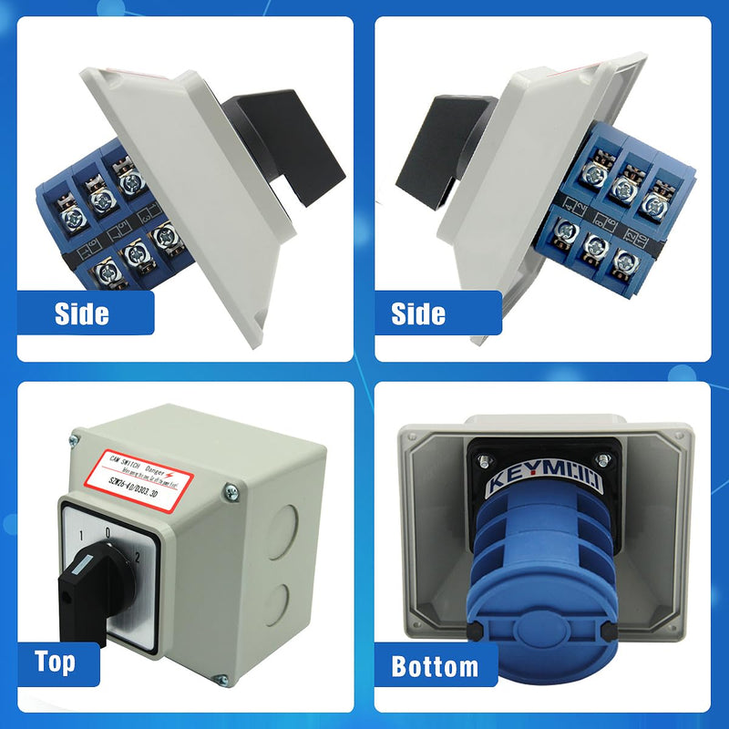 [AUSTRALIA] - 40A Rotary Changeover Switch With Exterior Box, 3 Position 3 Phase 12 Terminals, Universal Selector With AWG 12-10 Yellow Terminals, Cam Box IP65 40/D303.3D 