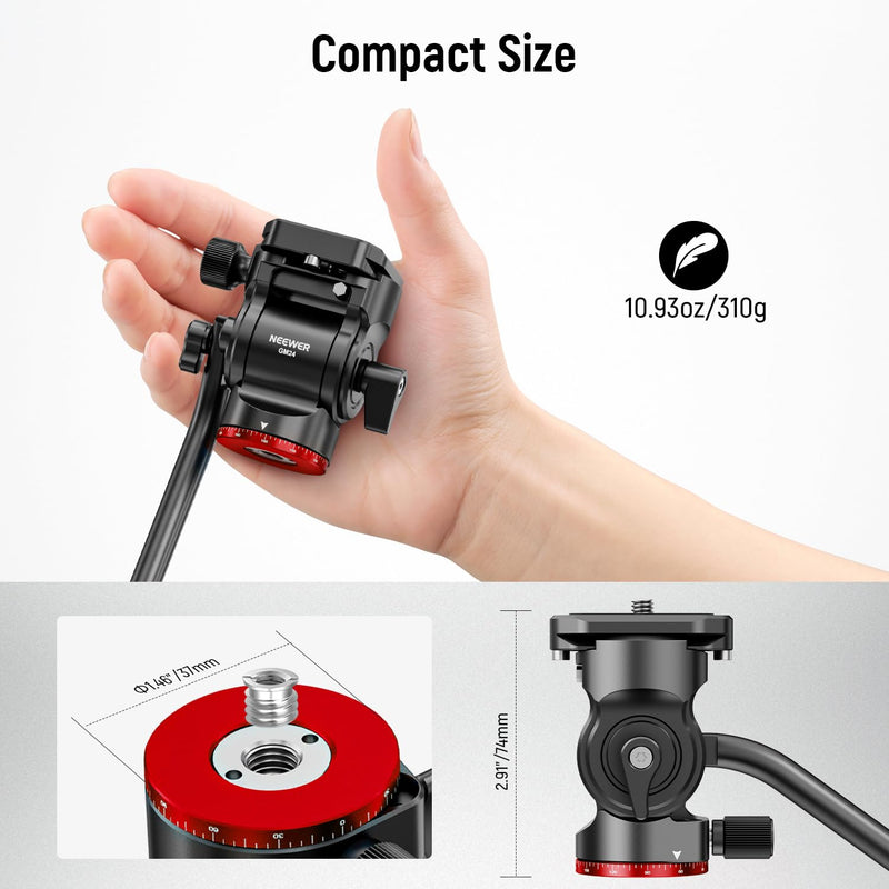 NEEWER Tripod Fluid Head Pan Tilt Head with Quick Release Plate and Handle, Metal Camera Tripod Head Compatible with Arca Swiss for Compact Video Cameras DSLR Cameras, Load up to 6.6lb/3kg, GM24 Red