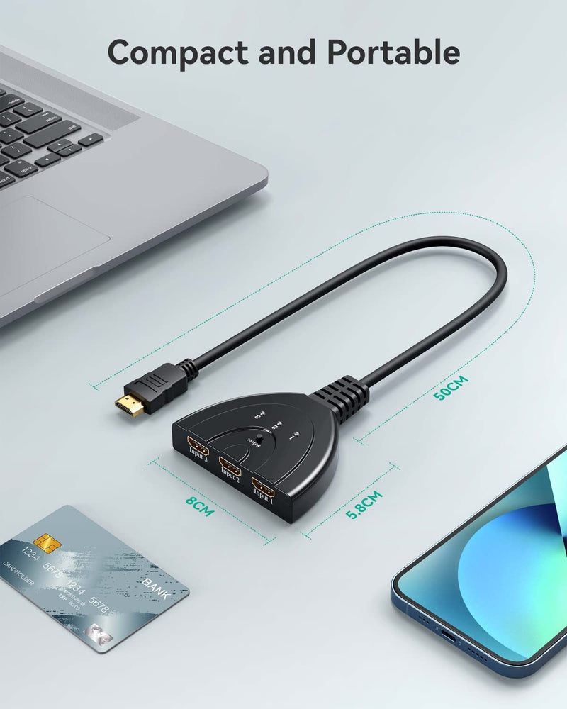HDMI Switch 4K, VILCOME 3 Port HDMI Switcher 3x1 HDMI Splitter Hub 3 in 1 Out with Pigtail Cable Supports 4K 3D HD 1080P for Xbox PS4 Roku HDTV 1.25FT Cable