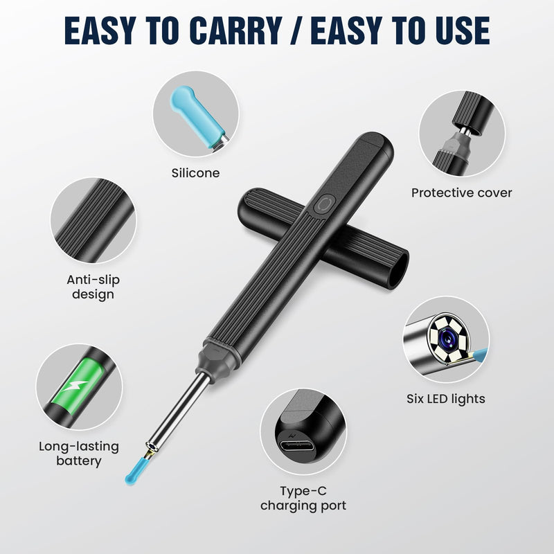 PKBD Ear Wax Remover Ear Cleaner for Adults Ear Cleaner with 1920 HD Camera Otoscope Storage Box, Sturdy Chip, Anti-Shake, Suitable for Adults / Children, Black