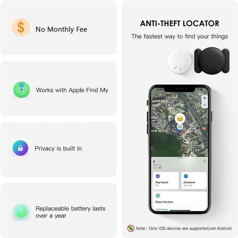 Hongtop Tracker Device for Vehicles,No Monthly Fee Anti-Theft Hidden Car GPS Tracker,Real Time GPS Car Tracker with Magnetic Case Work with Apple Find My(iOS Only) (Black,1PCS) Black,1PCS