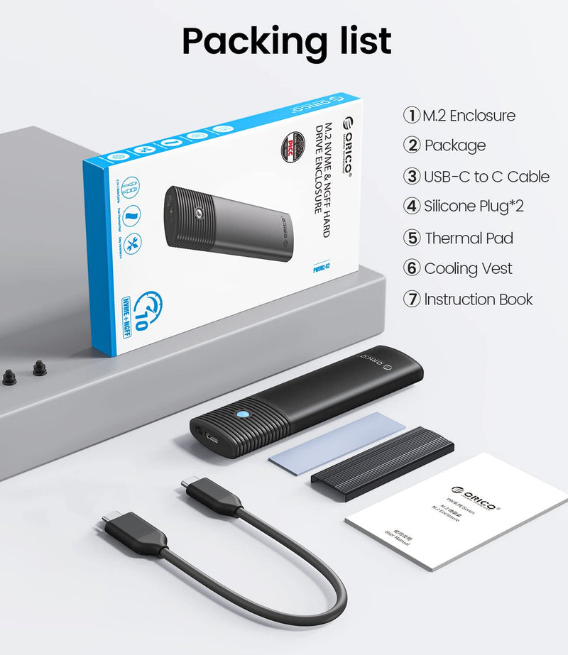ORICO Dual M.2 NVMe SSD Enclosure, USB C to M2 Adapter for M Key PCIe 2230/2242/2260/2280 M.2 SSDs,Tool-Free Installation Aluminum M.2 Reader Support Trim and UASP up to 2x4TB