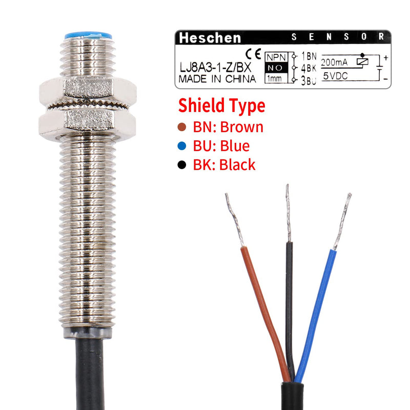 M8 Proximity Sensor Switch, 5VDC 200mA, NPN NO, 1mm Detecting Distance, Magnetic Metal Detect, 8mm Mounting Hole, 120cm Cable, IP67 Protection, LJ8A3-1-Z/BX-DC5V