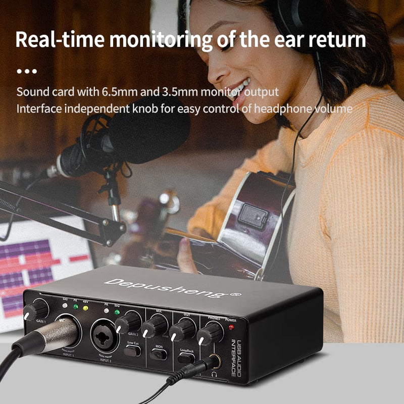 Depusheng RX2 usb audio interface computer recording sound card, home studio audio interface, can connect 48V condenser microphone, guitar recording