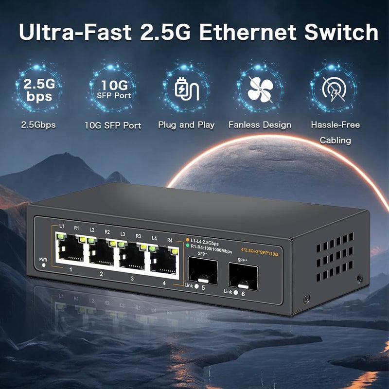 2.5G Unmanaged Ethernet Switch with 4 x 2.5G Base-T Ports and 2 x 10G SFP+ Uplink Ports, Compatible with 100/1000/2500Mbps, Fanlesss Design, Plug & Play, Metal 2.5Gb Network Switch 2.5G/6Ports