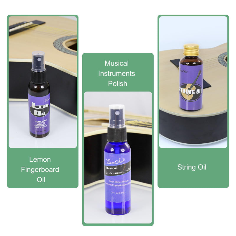 Deluxe Guitar Cleaning and Maintenance System 3-Piece Kit: Lemon Oil, Polish, and Guitar String Oil - Guitar Cleaning Kit - for cleaning, polishing, and protection of guitars.