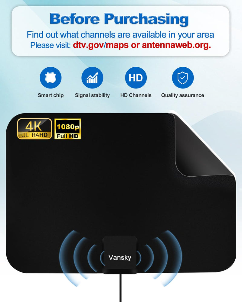 TV Antenna Indoor, Digital Amplified Indoor HDTV Antenna, 1080p VHF UHF Television Local Channels Detachable Signal Amplifier and 16.5ft Long Coax Cable Black