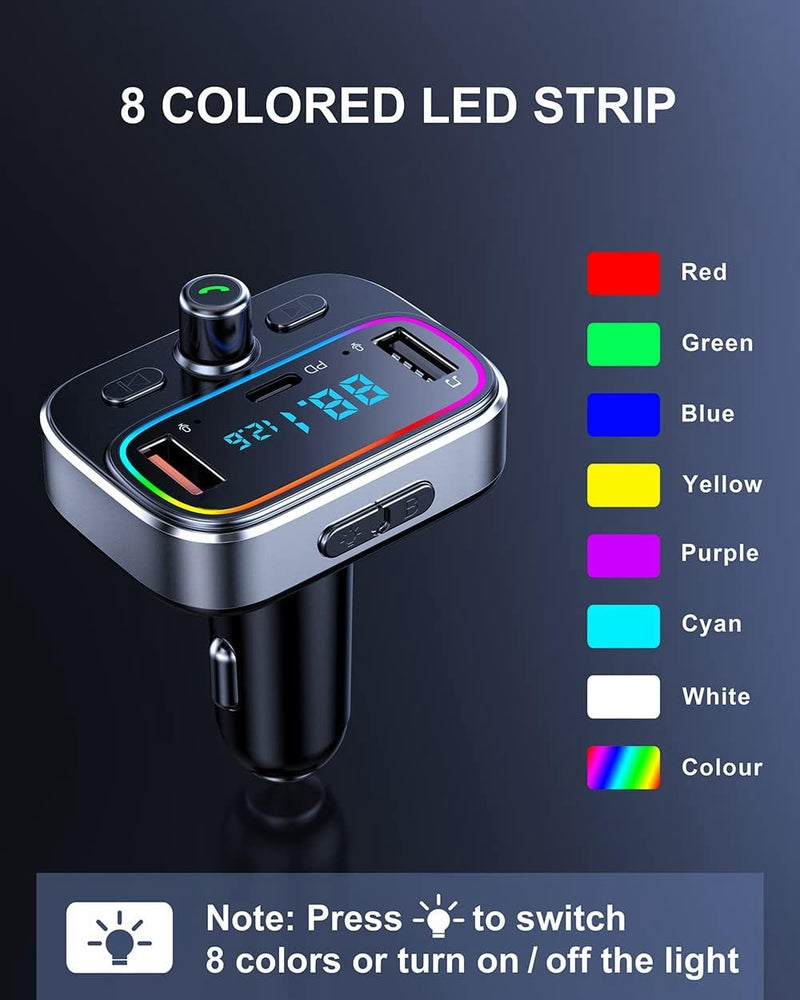 [AUSTRALIA] - Bluetooth 5.4 FM Transmitter for Car Wireless Radio Adapter Kit, Hands-Free Calling Dual Microphone, Fast Charging 18W & PD 20W for All Smartphones Audio Players, Supports TF/SD Card and USB Disk 