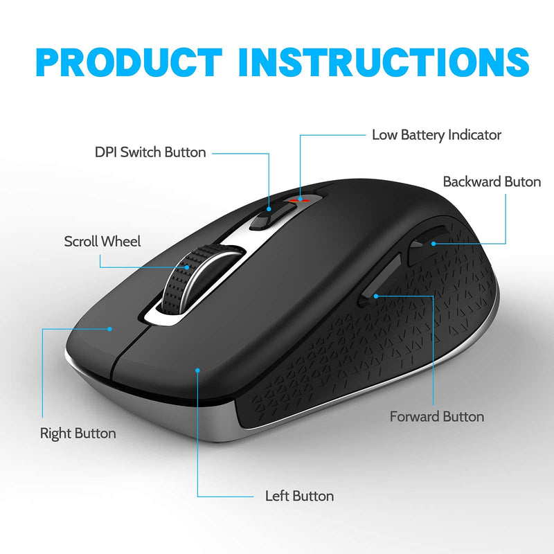 Wireless Mouse 2.4G Noise-Free Cordless Mouse 5 Adjustable DPI (up to 2400) 6 Buttons Portable Computer Silent Mouse with USB Nano Receiver, Suitable for Laptops Computers Macs Laptops (Black) 1 Park Black