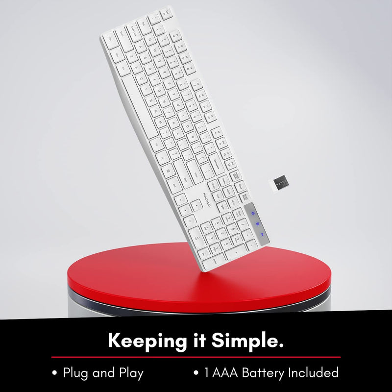 Macally 2.4G USB Wireless Keyboard for Laptop or Computer - Keep it Simple - Full Size Keyboard with Numeric Keypad & 13 Shortcut Keys - Plug and Play PC Keyboard Wireless - White Keyboard Cordless