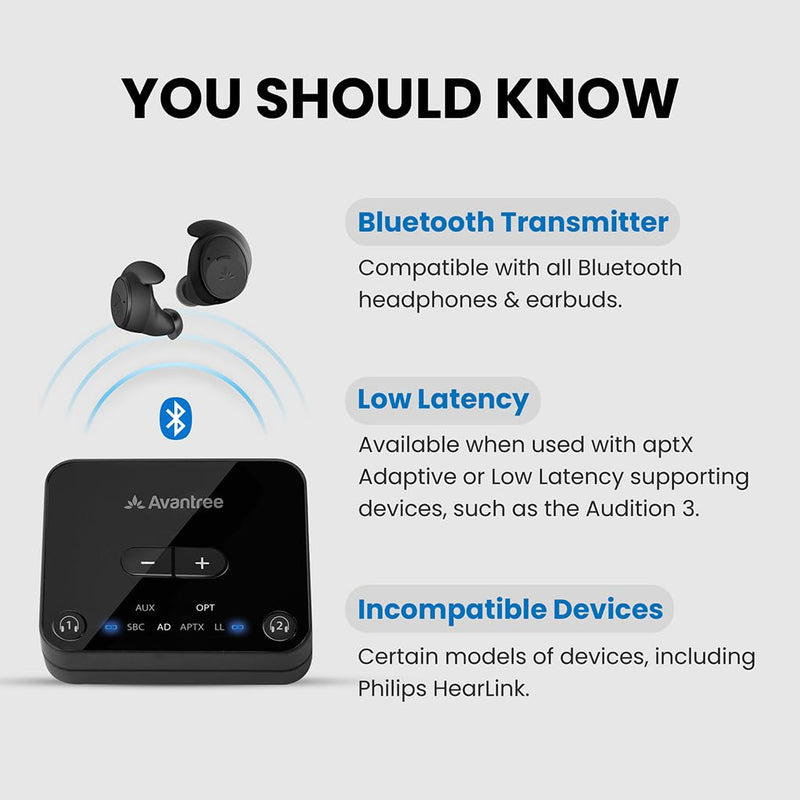 Avantree Audikast 3 [2025 Version] - Bluetooth 5.3 Transmitter for TV with Optical or AUX Audio Output Port, aptX-Adaptive & Low Latency, Dual Link for 2 Headphones, and 100ft Long Range