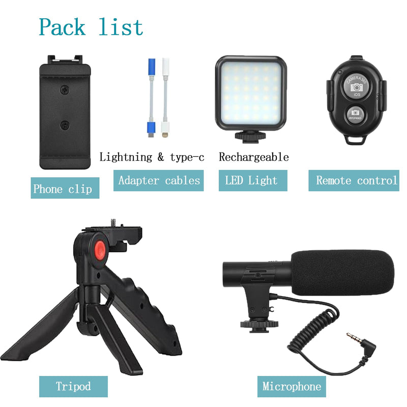 Vlogging Kit for iPhone, Android (with Tripod), with Mini LED Video Light + Cardioid Microphone + Phone Clip + Tripod for Video Calling, Vlogging, YouTube, Instagram, TikTok
