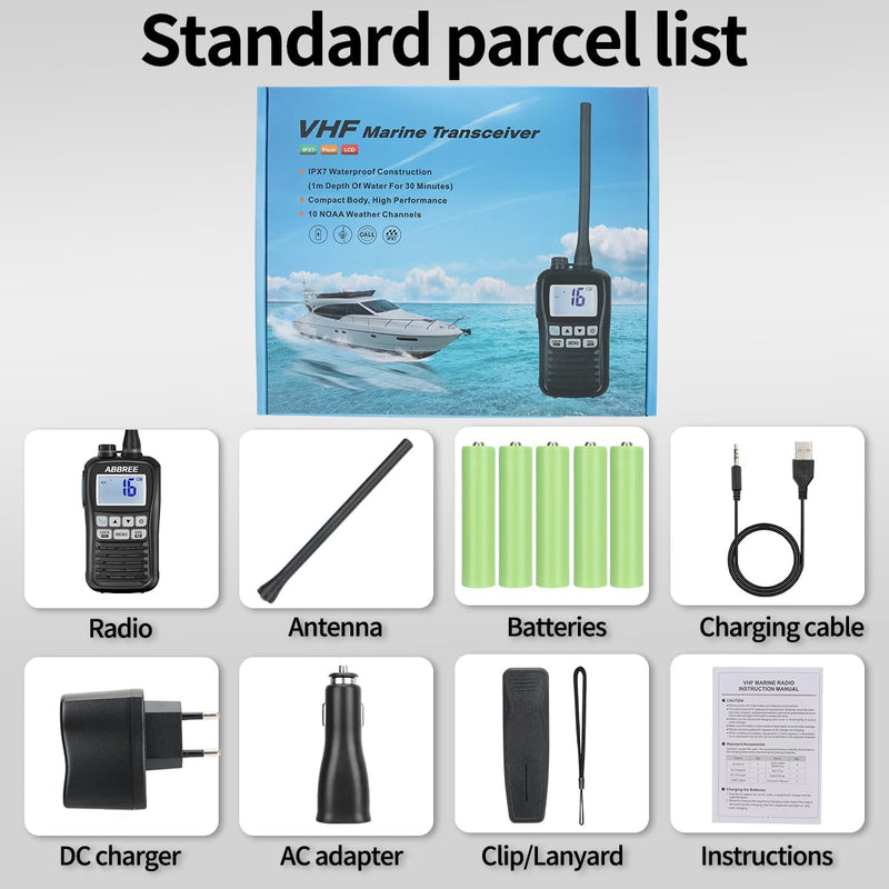 [AUSTRALIA] - ABBREE Marine VHF Radio Floating IP67 Waterproof MR-25 Handheld Long Range Noise Cancelling Mic Walkie Talkie NOAA Weather,LCD Display Vibration Water Draining Two Way Radio for Boat,Black 