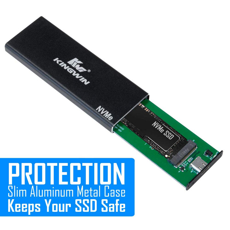 Kingwin M.2 SSD NVMe External Enclosure, 10Gbps USB 3.1 Gen 2 M-Key to USB C Solid State Drive Adapter, PCIe USB 3.0 USB C Cables, Fit Size 2230/2242/2260/2280, Aluminum, KM-U3NGFF-NVE