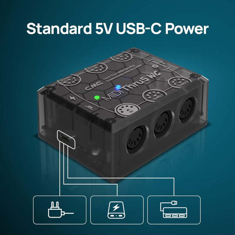 CME MIDI Thru5 WC - Premium 1-to-5 MIDI Thru - High-precision 1-in-5-out wired transmission with high-speed optocoupler for error-free synchronization of all MIDI devices via 5-pin DIN