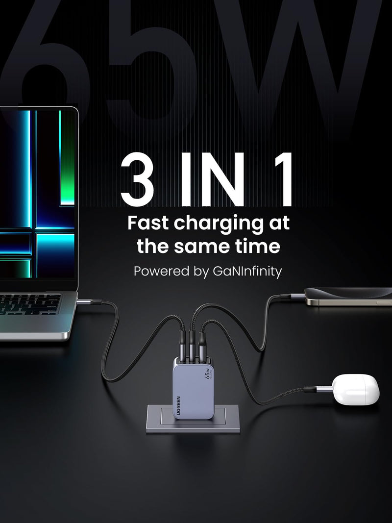 UGREEN Nexode Pro 65W USB C Charger, 3-Port Mini Compact Foldable PPS GaN Fast Wall Charger Block for MacBook Pro/Air M2, Pixelbook, Dell XPS, iPhone 15 Pro/14, Galaxy S24 Ultra, Pixel 8, Steam Deck