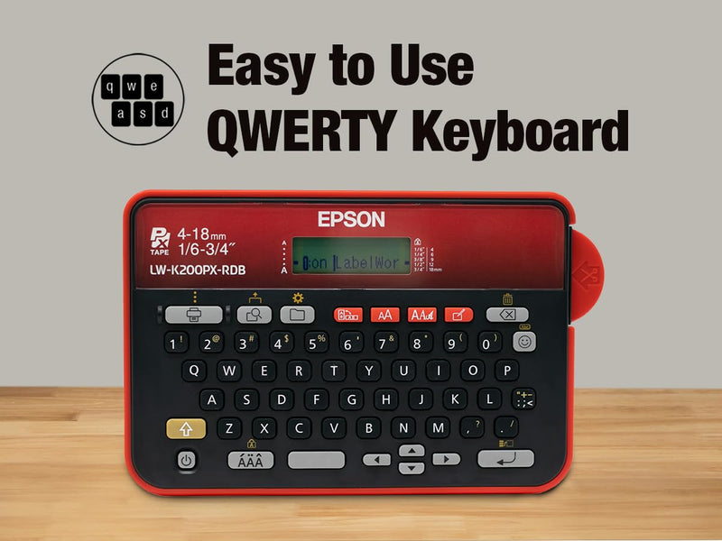 [AUSTRALIA] - LABELWORKS Epson LW-K200PX-RDB Portable QWERTY Keyboard Label Maker for Home & Hobbies – Craft, Organize, and Personalize - Red Black Printer 