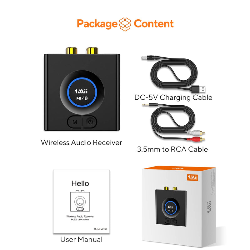 [AUSTRALIA] - 1Mii Bluetooth 5.0 Audio Receiver, Wireless Audio Adapter for Home Stereo Music Streaming System with 3.5 mm RCA, Bass Mode, 12hrs Playtime(Upgraded) 