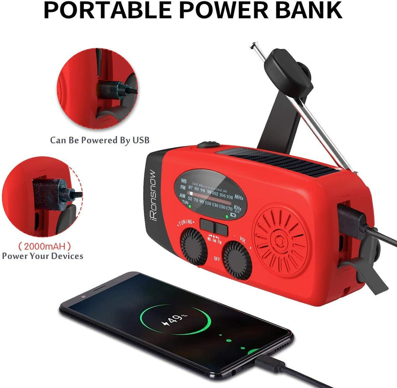 Solar Emergency Hand Crank Weather Radio, Portable Self Powered NOAA AM/FM Radios with SOS Alarm LED Flashlight 2000mAh Power Bank Smart Phone USB Charger for Camping (Red) IR088 Red
