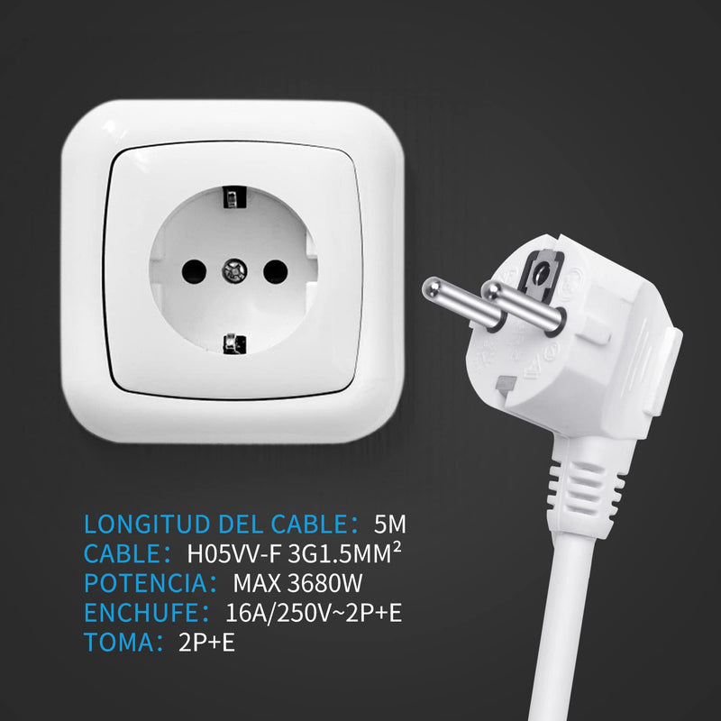Aigostar Extension Cable 5 m Cable Extensions with Protective Contact Plug Schuko Extension 16 A/250 V White 3g1.5mm²-1 Pcs 5m