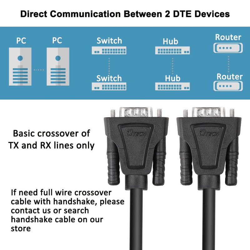 DTech 6ft DB9 to DB9 RS232 Serial Cable Male to Male Simple Null Modem Cord Cross TX RX line 2 Pin Crossed Without Handshake for Computer Data Communication (6 Feet, Black)