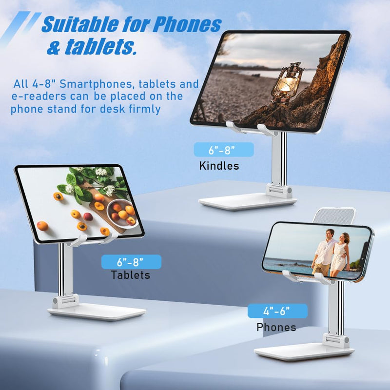 Cell Phone Stand, Angle Height Adjustable Cell Phone Holder with Silicon Pad for Desk Fully Forldable Mobile Phone Holder Compatible with All Mobile Phones, MT-6, (White) White