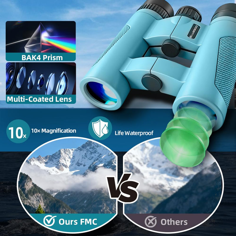 [AUSTRALIA] - 10x25 HD Binoculars for Kids & Adults – Lightweight Blue Mini Binoculars with 10X Magnification, FMC Lenses & Easy Focus, Portable Binoculars for Children and Adults, Travel, Bird Watching, Hiking 