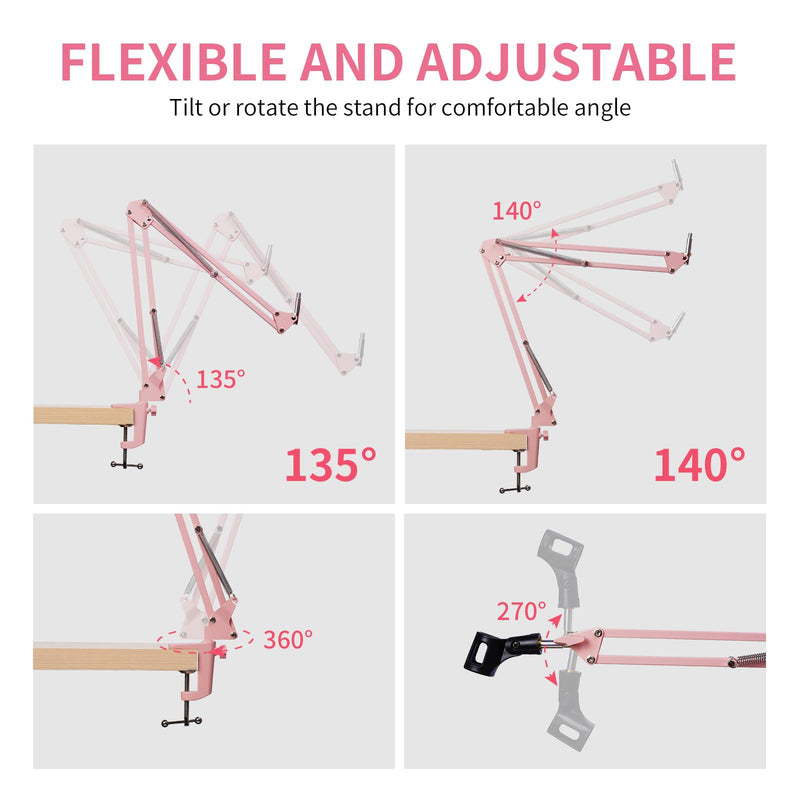 FEELWORLD AMS1 Microphone Boom Arm, Adjustable Mic Arm Stand with 3/8” to 5/8” Screw, Compatible with PM1 and other Mics for Podcast Straming Gaming Studio （Pink) Pink