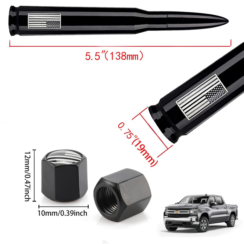 American Flag Car Truck Antenna with Valve Stem Caps, Universal Mast for GM Chevy Silverado 1500 2500 3500 HD Avalanche Ford F150 F250 F350 Denali Heavy Duty Pickup Trucks Accessories (Black) 5.5 inch Black Style