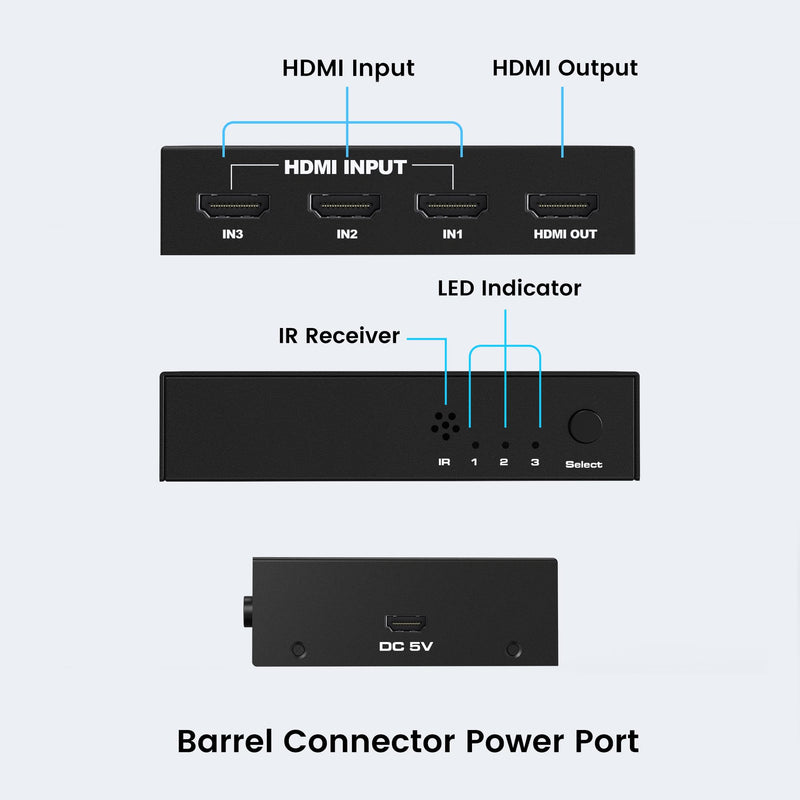 NEWCARE HDMI Switch 3 in 1 Out 4K@60Hz HDMI Splitter, 4K HDMI Switch with Remote Metal HDMI Switch Box Hub Support 4K@60Hz/30Hz 1080P 3D HDR Auto Switching for NS Xbox PS4/5 PC Fire Stick Roku 3x1 4K@60Hz